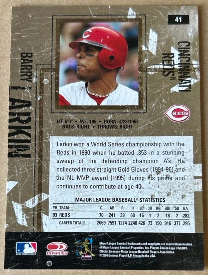 BARRY LARKIN HOF 2004 DONRUSS LEATHER & LUMBER Card #41 NM-MT Condition - Image 2 of 2