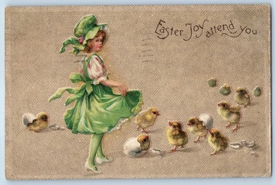 c1910's Easter Child Girl Dress Green Chicks Hatched Egg Clapsaddle Postcard
