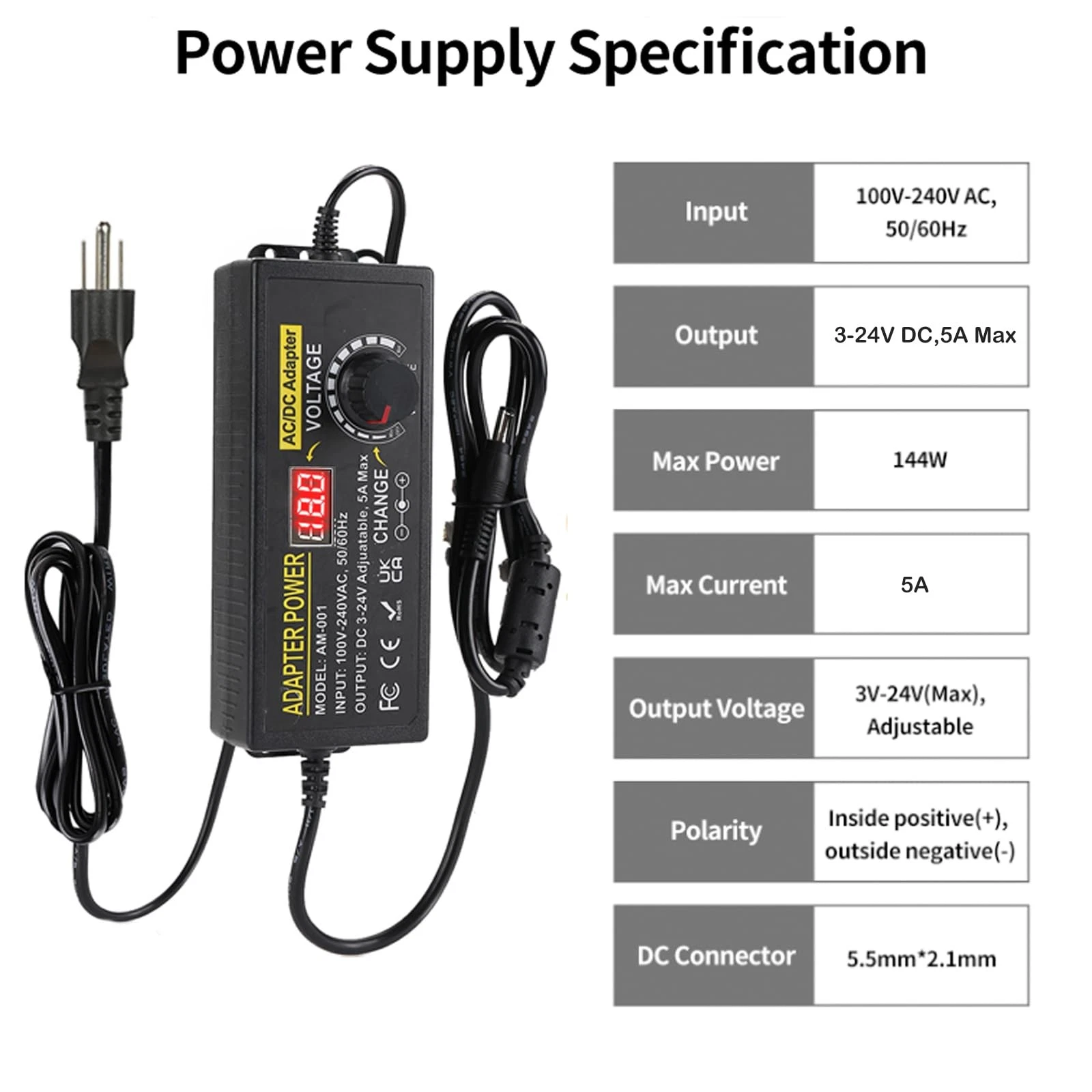 Meiyue Adjustable Power Supply 3V-24V 5A 120W with 14 DC Tips for LED Strip image 2
