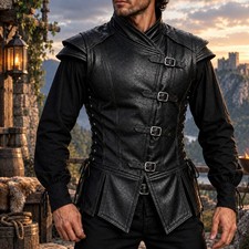 Men's Black Leather Warrior Vest Medieval Renaissance Gothic Costume Armor