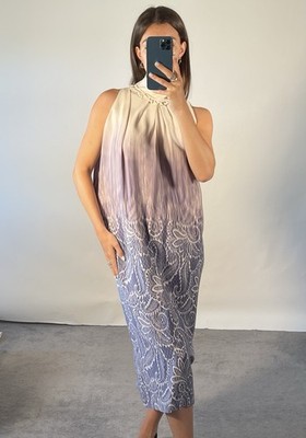 Clements Ribeiro Dress Vintage UK 14 Silk Purple Print Sleeveless High Neck