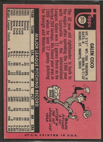 1969 Topps #211 Galen Cisco Kansas City Royals - Picture 2 of 2