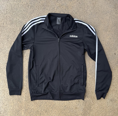 adidas Essentials Men's Black/White Striped Full Zip Track Jacket Pockets M