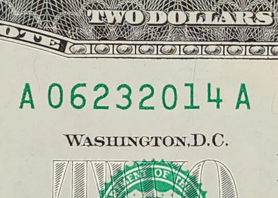 JUNE 23 2014 UNC $2 DOLLAR BILL ~06232014~ FANCY SERIAL # BIRTHDAY ANNIV NOTE - Image 2 of 3