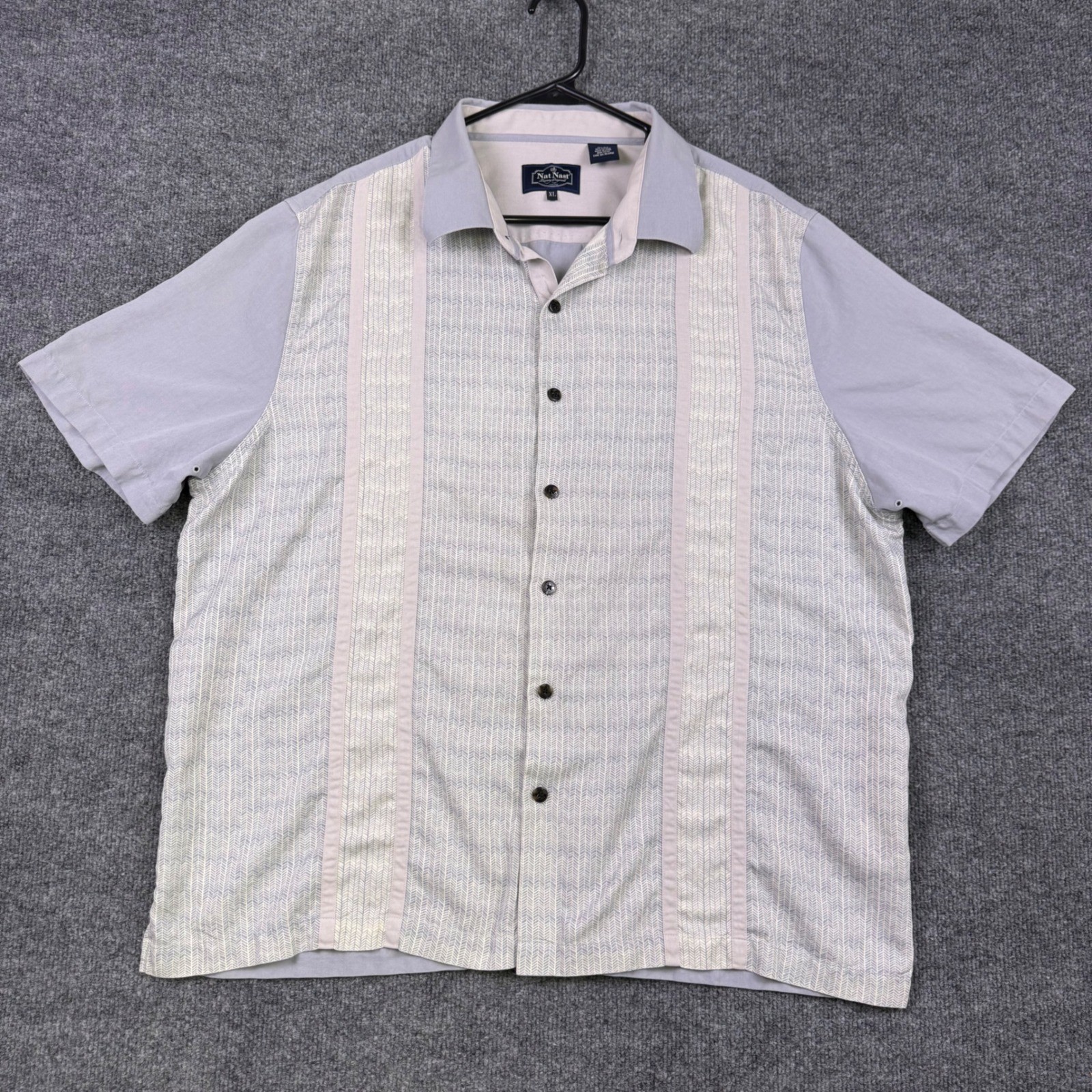 Nat Nast Luxury Originals Mens XL Silk Cotton Chevron Panel Camp Shirt Grey XL