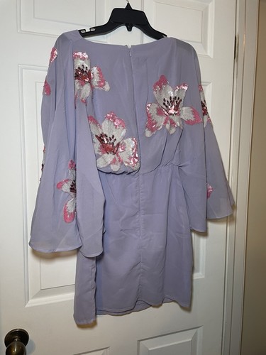 Maya Delux Mini Dress Sz 4 Lilac Sequins Lilies Flutter Sleeve Beaded Formal - Picture 7 of 11