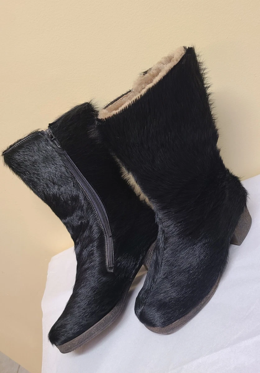 304 Weitschaft Echt Lammfell unique black fur boots, size 6 M, made in  Germany