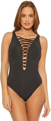 Bleu Rod Beattie Mango Mojito Lets Get Knotty Plunge Lace-Up One Piece Pick Size