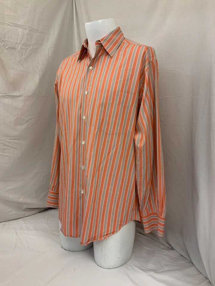 Camisa Barneys New York Botón M 15 34 Naranja Rayas Algodón Hecha en Italia YGI Q1-266 Foto 4 de 4