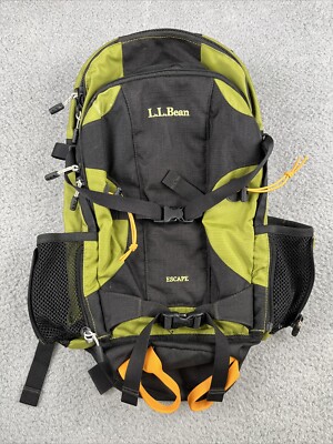 L.L.Bean Escape Green Black With Orange Backpack 2 Bottle Holder book bag hiking