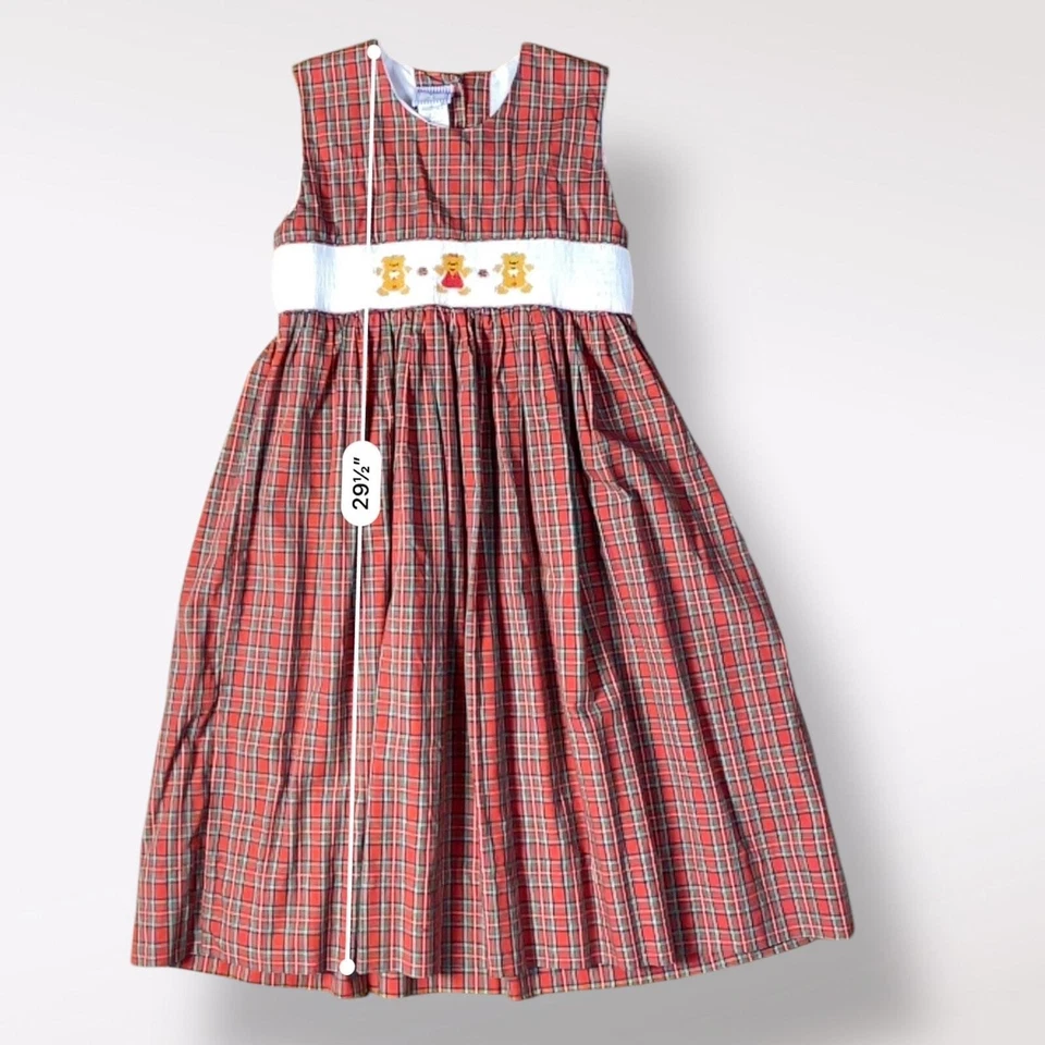 Kids by M.E. Vintage Girls Red Plaid Gingerbread Smocked Heirloom Dress Size 6 - Image 4 of 4