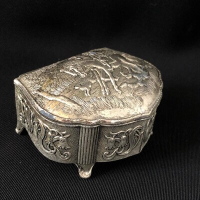 Vintage Box Silver Alloy Hunting Plot Japan Signed Jewelry Box Collectible