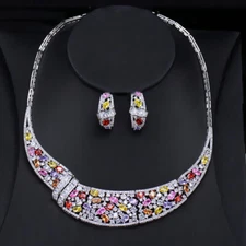 Chunky Silver Plated Multicolor Cubic Zircon Choker Necklace Earring Jewelry Set