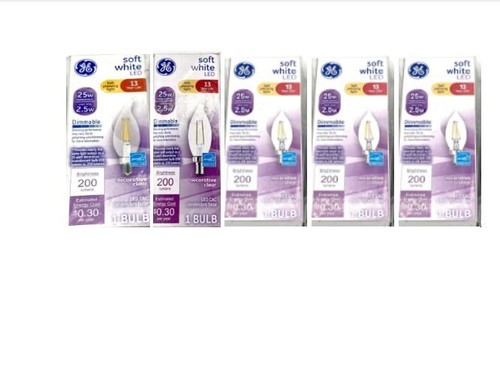 Lot of 5 GE Soft White LED light bulb, 2.5W 25W eqv, Dimmable Decorative Clear
