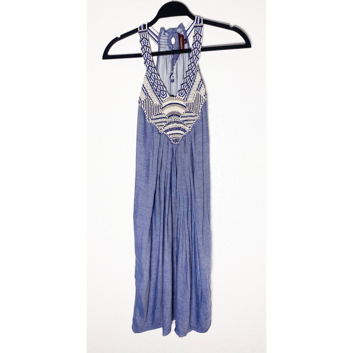 Anthropologie Women's Ranna Gill Wiltern Chambray Halter Dress Linen  Embroidered