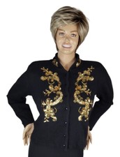 Vintage Karen Scott Black Silk Angora Gold Sequin Beaded Cardigan Sweater L