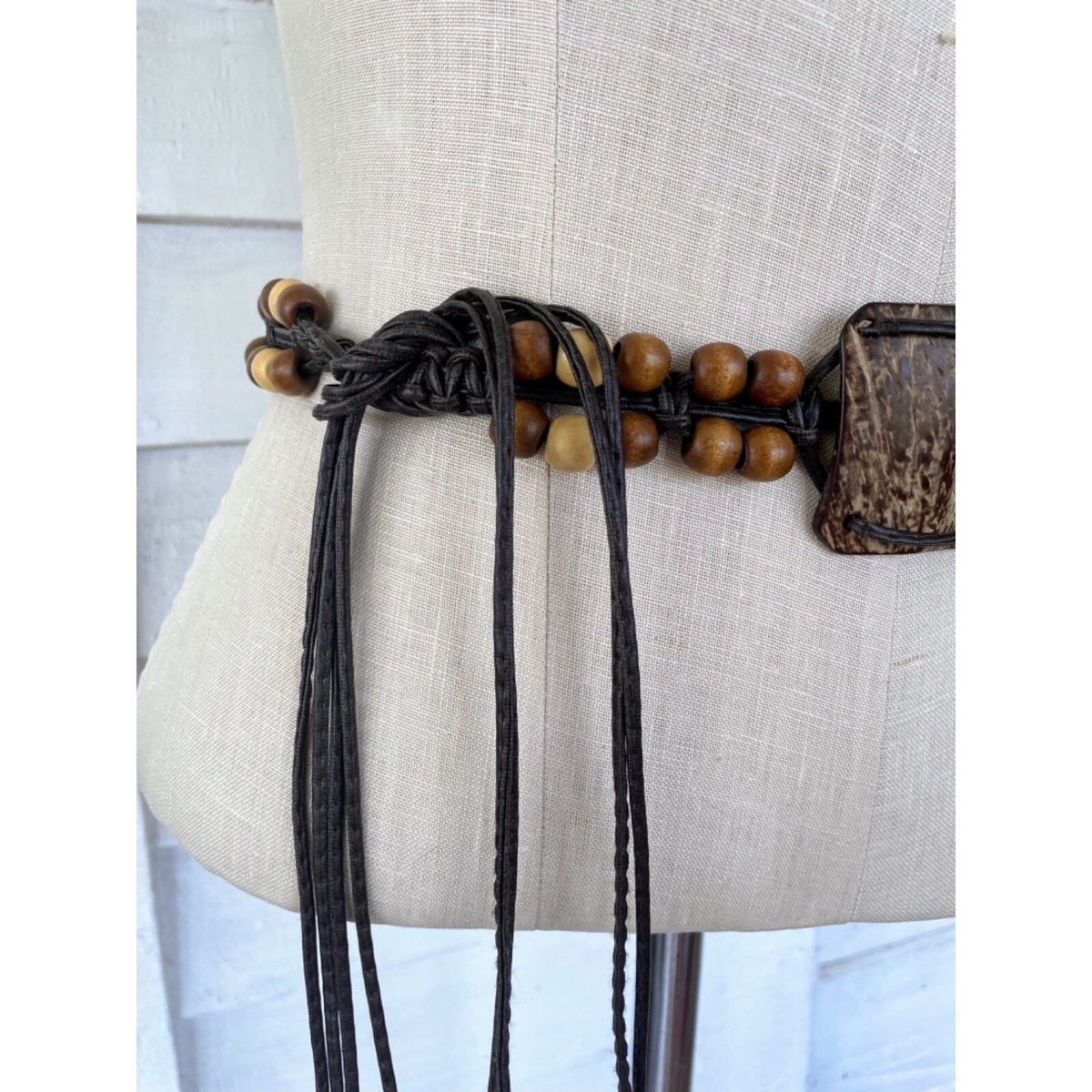Vintage Beaded Tassel Tie‎ On Belt Long Boho Hippie Festival Accessory 4 Ft Brown Woven Tie up Belt With Wood Beads. Hand Made Macrame  main image 3