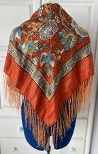 Floral Bird Orange Blue Tones Metallic Gold Fringe Piano Shawl Scarf Wrap 36x36