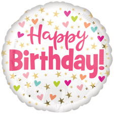 Case of 25 Pink and White 18" Round Happy Birthday Mylar Balloons with Ribbon