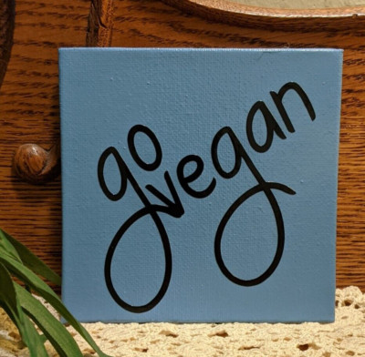GO VEGAN BLUE 4'' Canvas Panel Acrylic Paint Original Homemade Fridge Magnet GIFT