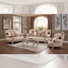 LUXURY Champagne Silver Sofa Loveseat Fabric Carved Wood Regal Traditional Set