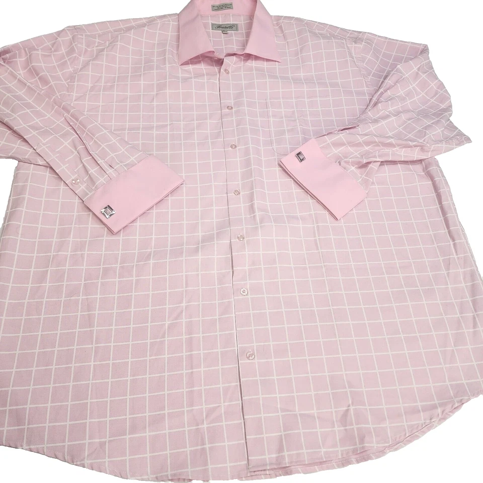 Camisa social Fratello manga solitária punhos franceses xadrez rosa masculina tamanho 20,5 - Imagem 4 de 4