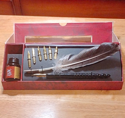 A&M Feather Dip Pen Calligraphy Set w/ Feather, Multiple Nibs & Ink Bottle