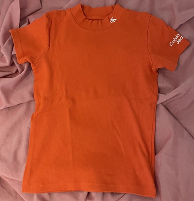Calvin Klein Jeans Damen T-Shirt Orange Ripp Kurzarm Rundhals Logo Basic