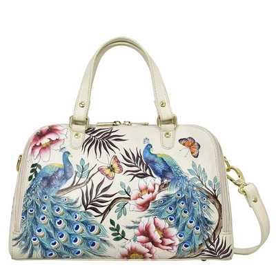 anuschka hand painted leather handbags Large organizer satchel with Peacock