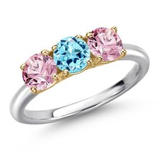 925 Silver and 10K Yellow Gold Blue Apatite and Pink Lab Grown Diamond