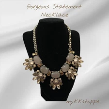Gold Tone Statement Necklace Cream Beige Crystals Floral Design
