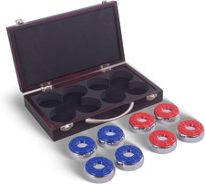 Regulation Shuffleboard Pucks Set of 8 with Grip  Control, Cherry Case