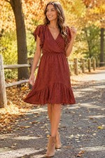 Mi Ami Rust Polka Dot Flutter Sleeve Faux Wrap Midi Dress | Women’s M Fall Y2K