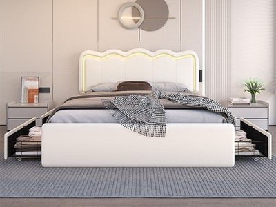 Full Bed Frame With 4 Large Drawers, Upholstered Headboard, Charging station.