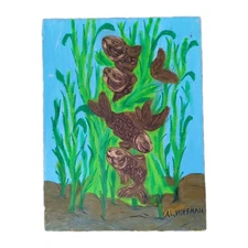 Oil On Canvas Painting ALBERT HOFFMAN Outsider Primitive Signed Goldfish 1970s