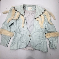 Kanar Vintage Ice Blue Leather Jacket Mink Fur Beaded Trim Made USA Womens S