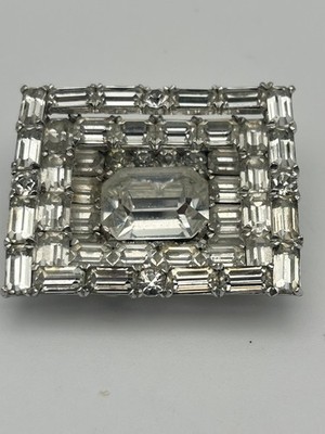 Vintage Kramer of New York Art Deco Style MCM Clear Crystal Brooch 1 3/4'' x 1.5''