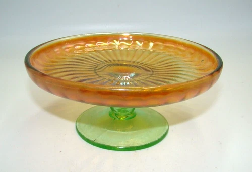 Vintage Marigold Carnival On Green Glass Compote