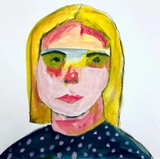 Original Blonde Woman Portrait Painting Expressive Emotional Outsider Art