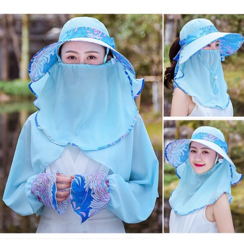 Women Summer Sun Hat Face Neck Flap Cap Wide Brim Bucket hat with Shawl ...