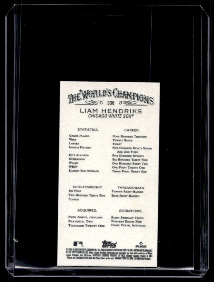 2022 Topps Allen & Ginter Mini SP Liam Hendriks Chicago White Sox #336 - Image 2 of 2