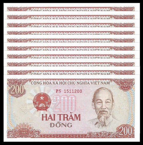 10 Pieces Lot Vietnamese 200 Dong Banknotes 1987 Vietnam VND Ho Chi Minh UNC - Afbeelding 1 van 2