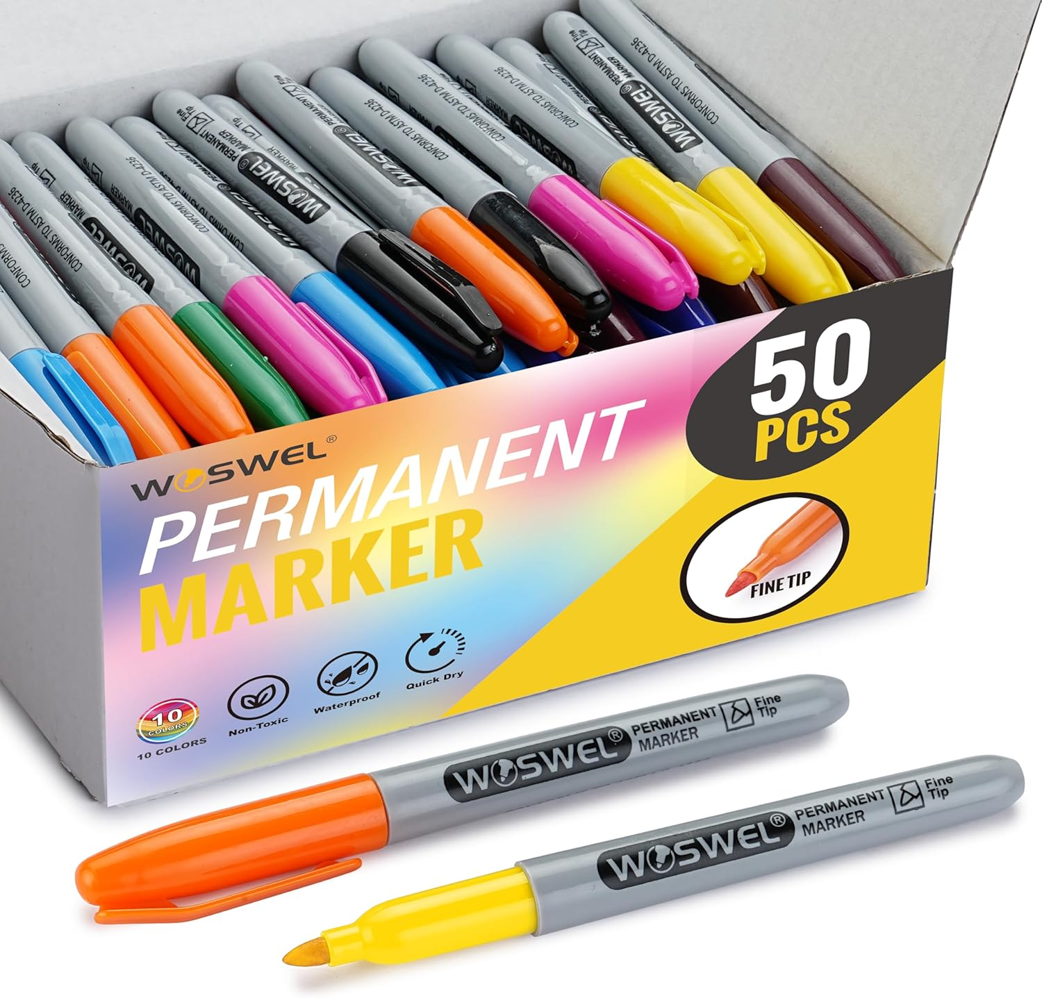 50-Pack Fine Tip Permanent Markers in 10 Assorted Colors Bulk Set-image