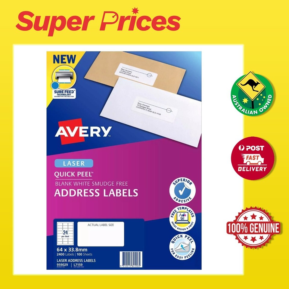 Avery White Laser Address Labels 24 per Sheet 100 Sheets 24 Up 959029