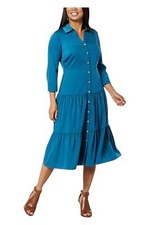 Nina Leonard Tiered Button Front Dress Sea Blue