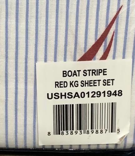 NAUTICA Boat Stripe King Sheet Set 100% Cotton White/Blue Stripe/Red Sailboats - Picture 3 of 3