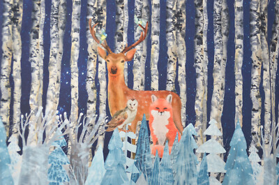 French Terry Panel Hirsch vor Birken Fuchs Eule Stenzo Digitaldruck 120 x 150 cm
