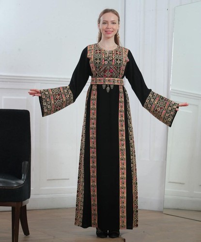 Elegant Black Thobe Abaya Maxi Dress Islamic Formal Occasion Dubai Style XL