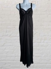Vtg Black Satin Lace Trim Nightgown Maxi Slip Dress Small Adjustable B Cup Y2K