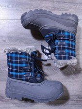 Lands End Snow Boots Big Boys Girls Size 7 Blue Plaid Warm Thermolite Insulated